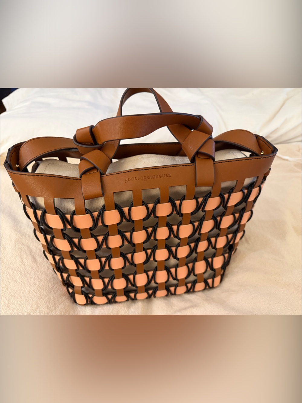 Adolfo Dominguez Woven Leather Basket Crossbody Tote Bag | Canvas Lining